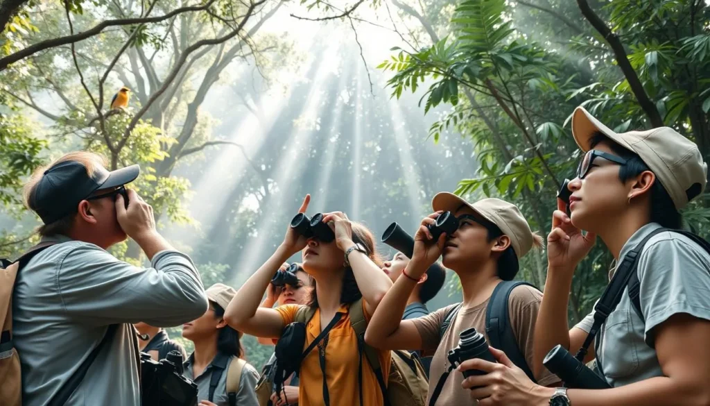 Birdwatching group spotting colorful species in Mount Shiriri's forest canopy