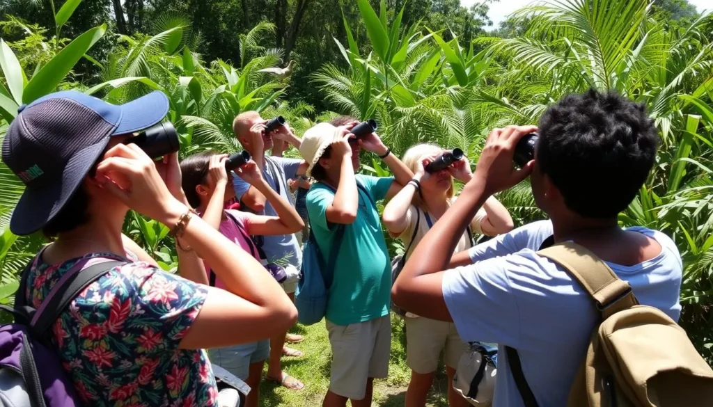Birdwatching in Mabaruma with diverse tourists spotting tropical birds