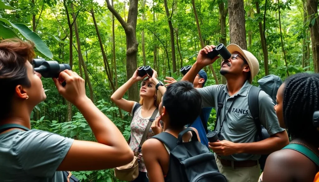 Birdwatching in Mount Kopinang forest with diverse tourists spotting colorful birds