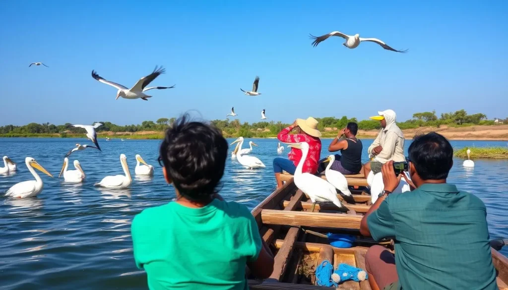 Birdwatching on Lake Tana with pelicans and other water birds visible