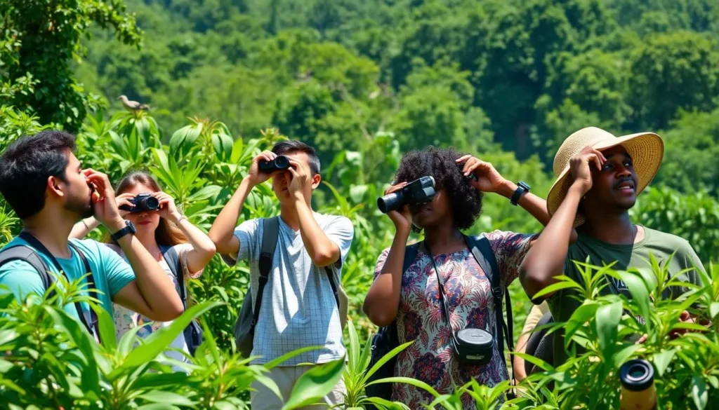 Birdwatching on Ngamba Island with diverse tourists spotting birds Birdwatching on Ngamba Island with diverse tourists spotting birds