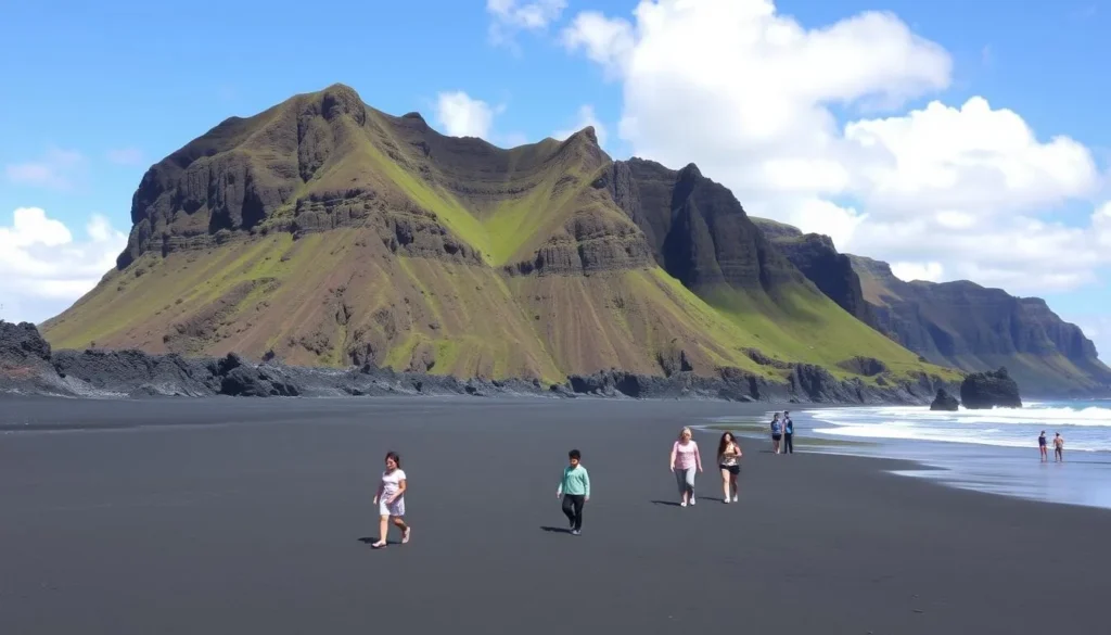 Black sand beach near Auckland with volcanic cliffs and ocean views