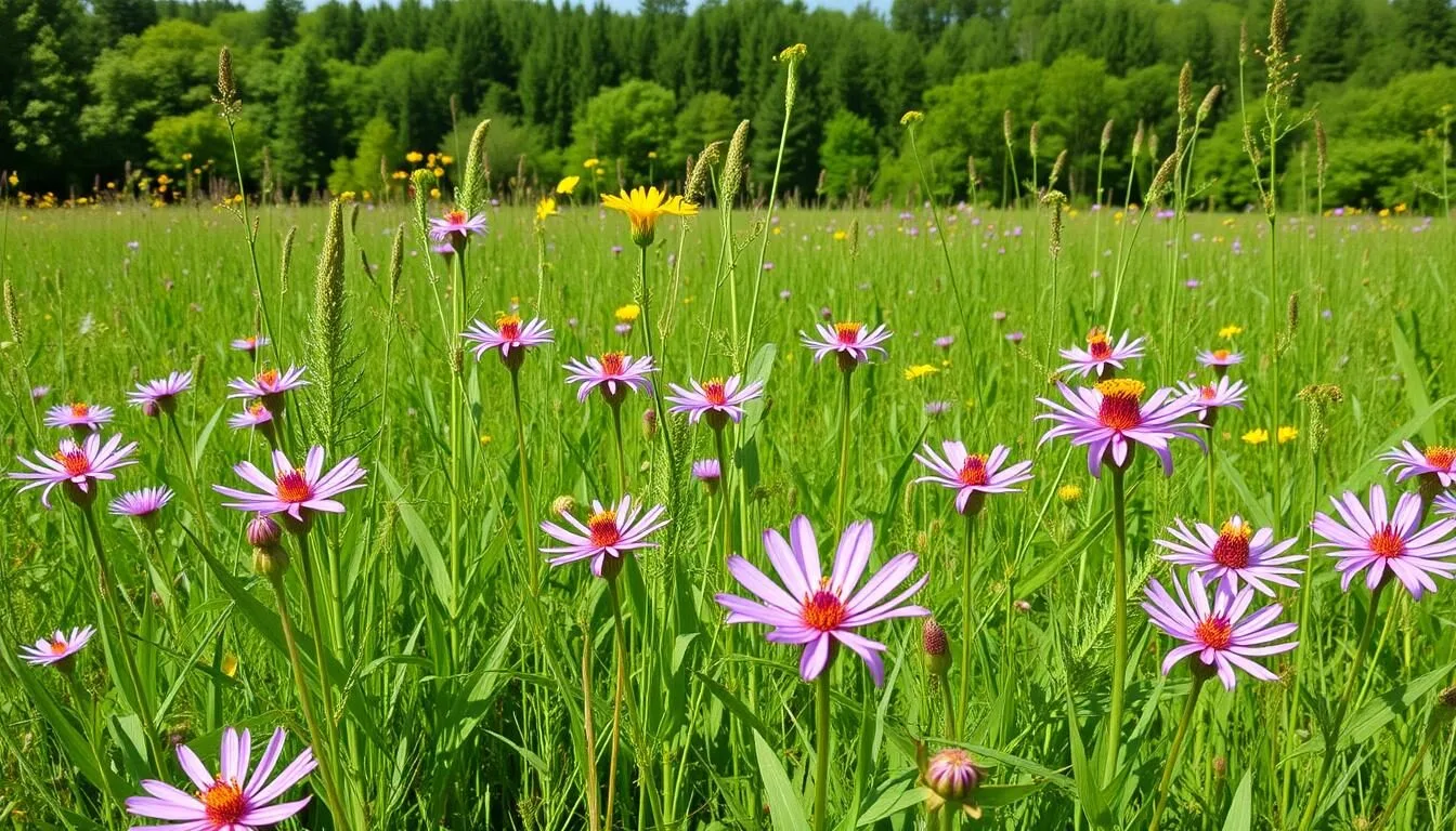 Blooming-prairie-wildflowers-at-Jennings-Environmental-Education-Center-Pennsylvania-with Blooming prairie wildflowers at Jennings Environmental Education Center Pennsylvania with blazing star flowers in the foreground
