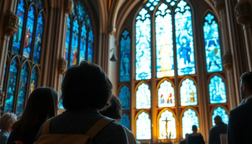 Blue Chagall windows in St. Stephan's Church creating an ethereal atmosphere