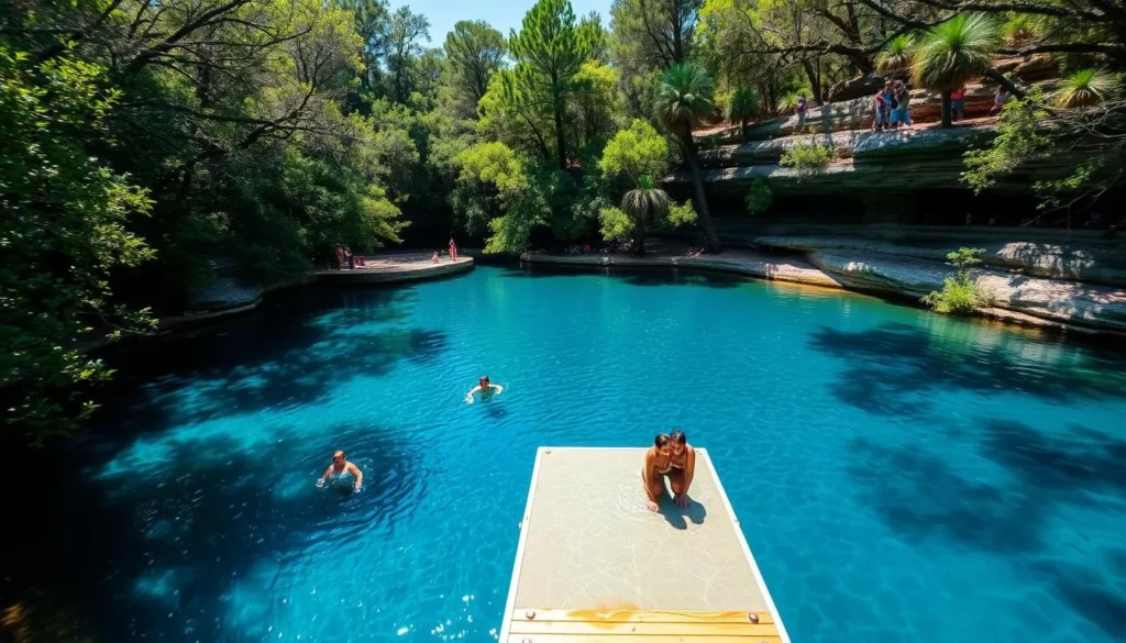 Blue Hole Spring at Florida Caverns State Park with crystal clear blue water and swimming platform Blue Hole Spring at Florida Caverns State Park with crystal clear blue water and swimming platform