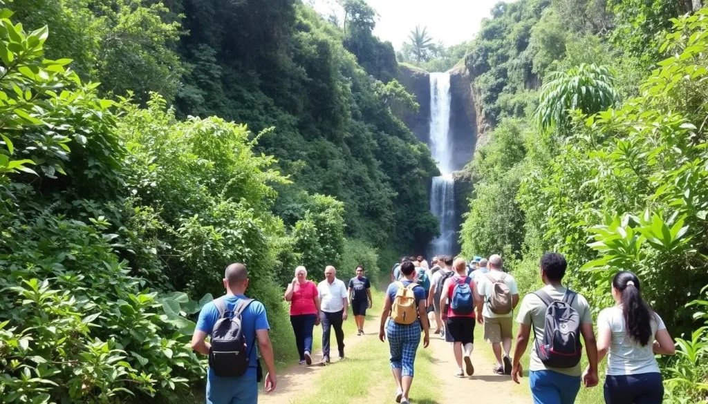 Blue Nile Falls hiking trail with lush vegetation and people walking toward the falls