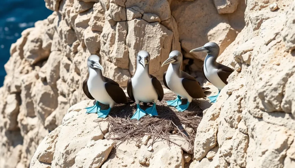 Blue-footed boobies nesting on the rocky cliffs of Islas Marietas National Park Blue-footed boobies nesting on the rocky cliffs of Islas Marietas National Park