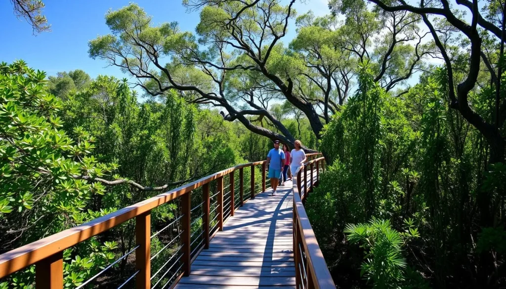 Boardwalk through mangroves at Emerson Point Preserve near Skyway Fishing Pier Boardwalk through mangroves at Emerson Point Preserve near Skyway Fishing Pier