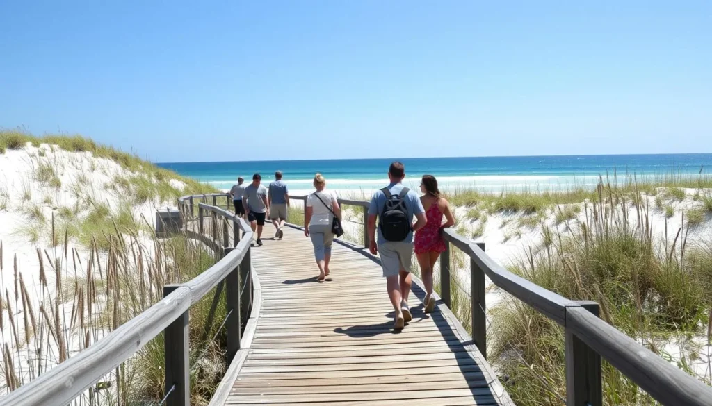 Boardwalk through sea oats and dunes at Perdido Key State Park Boardwalk through sea oats and dunes at Perdido Key State Park