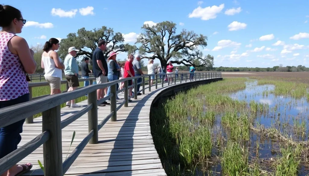 Boardwalk through wetland area at Middlefork Savanna with visitors observing wildlife