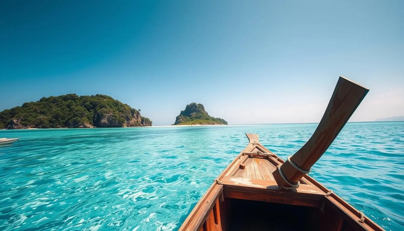 Boat approaching Balicasag Island with crystal clear turquoise waters and white sand beach visible in the distance