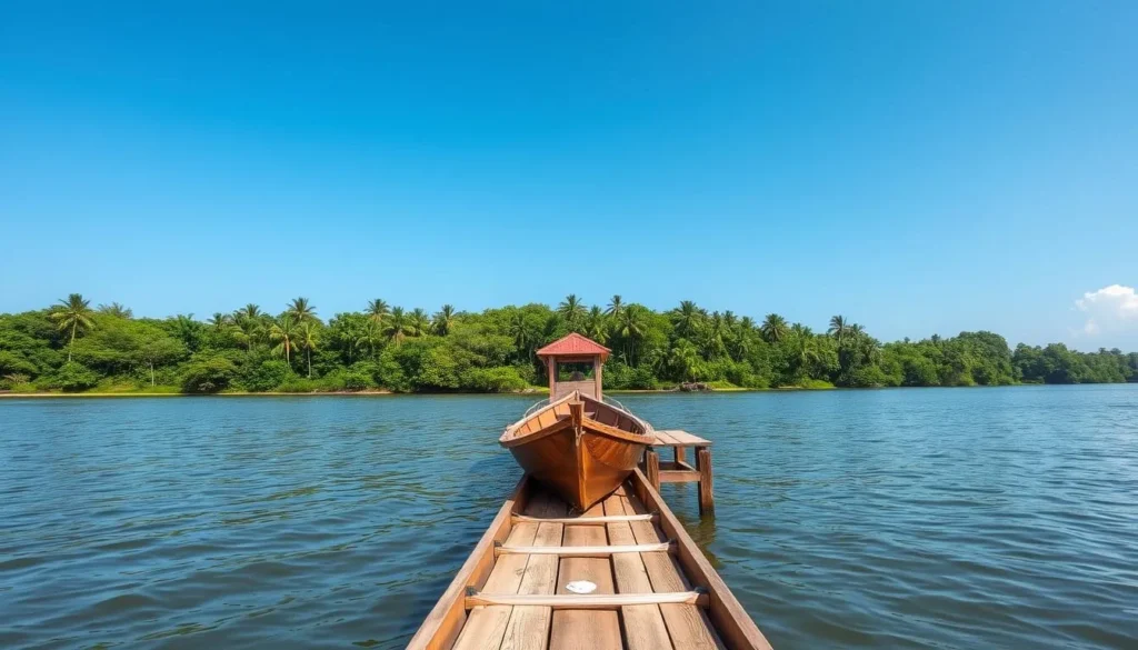 Boat approaching the dock at Sloth Island Nature Resort on the Essequibo River