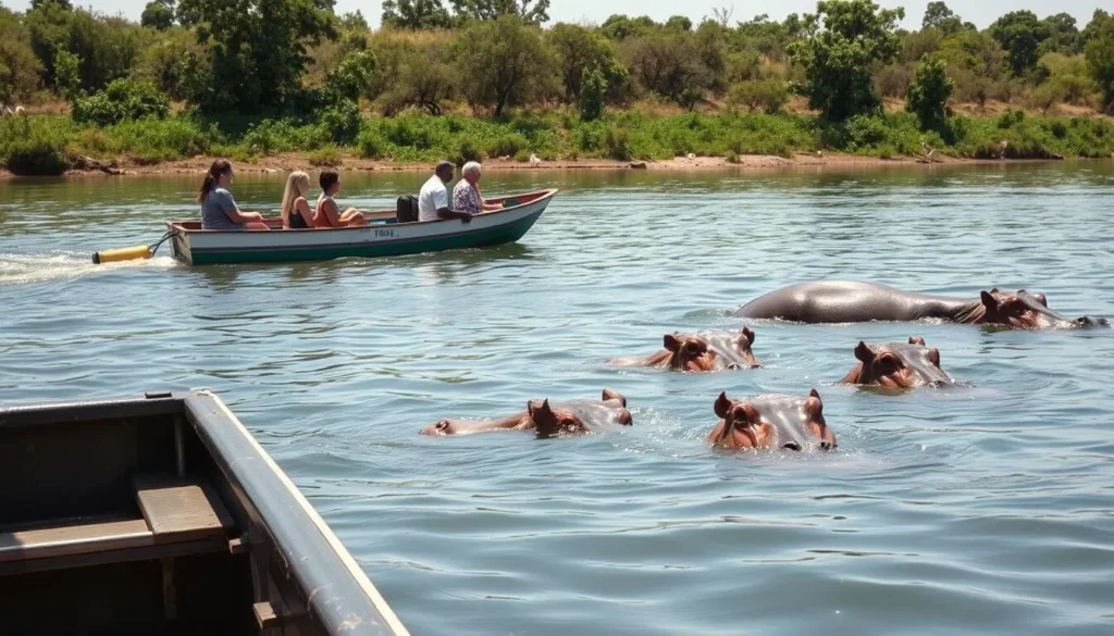 Boat cruise on the Nile with hippos visible in Murchison Falls National Park Uganda Boat cruise on the Nile with hippos visible in Murchison Falls National Park Uganda