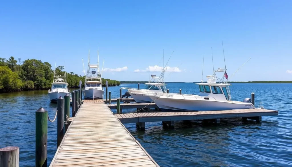 Boat dock at Bayou D'Arbonne with several small fishing boats Boat dock at Bayou D'Arbonne with several small fishing boats