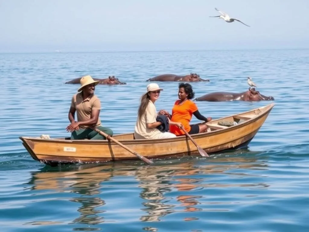 Boat ride on Lake Awassa with hippos visible in the distance and birds flying overhead