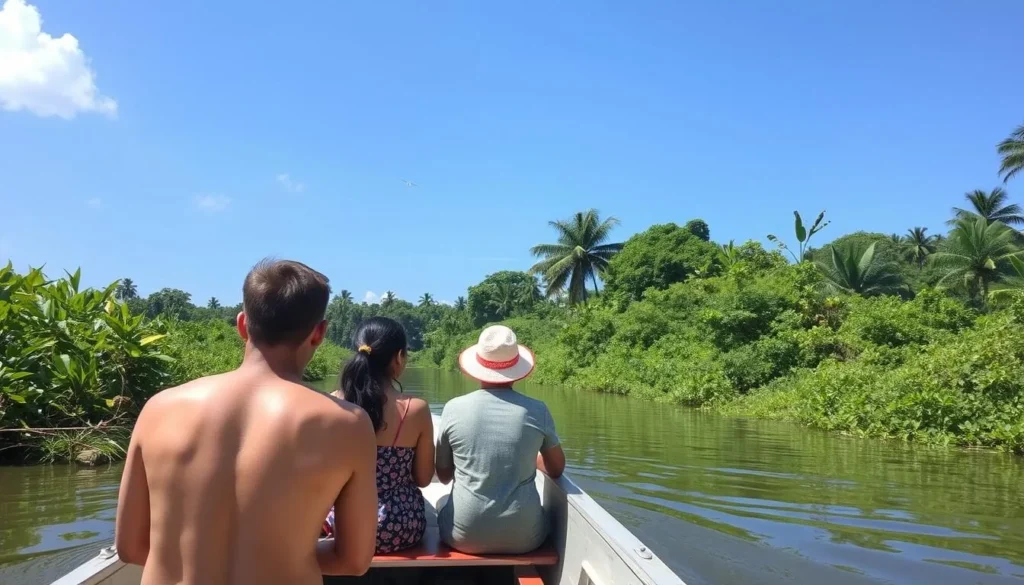 Boat tour on the Canje River near New Amsterdam with tourists observing wildlife and lush riverbanks