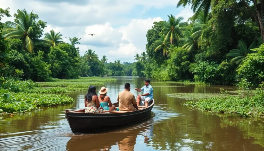 Boat tour on the Pomeroon River near Anna Regina with lush vegetation and wildlife