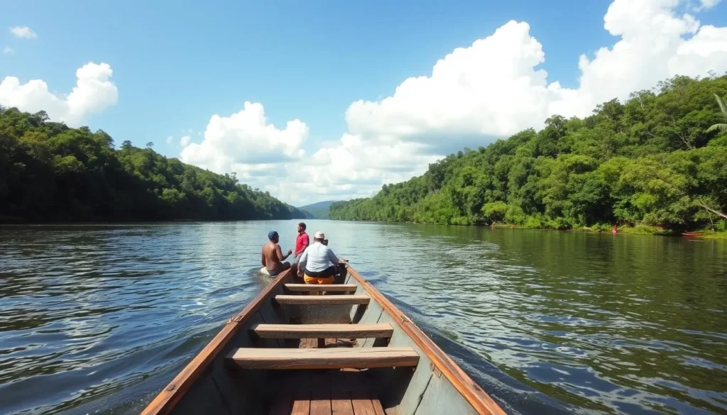 Boat transportation on the Essequibo River near Mount Kurupukari with tourists and guide