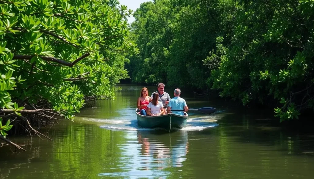 Boat transportation through mangrove forests near Shell Beach Protected Area Guyana