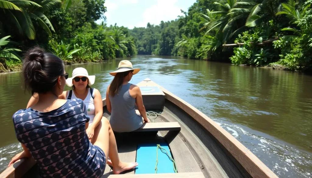 Boat trip on the Aruka River near Mabaruma with tourists enjoying the scenery