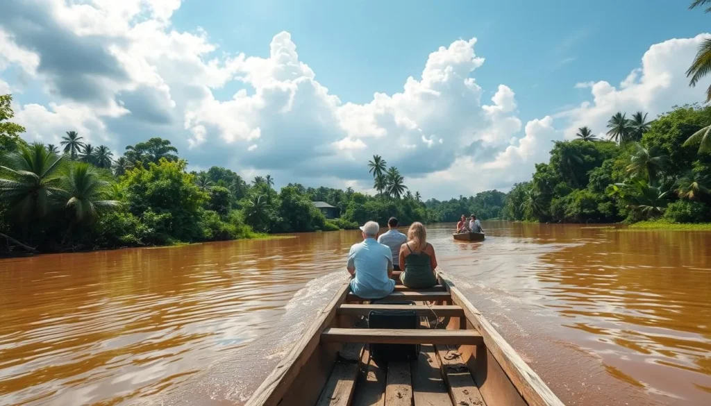 Boat trip on the Kaituma River showing lush jungle vegetation and wildlife