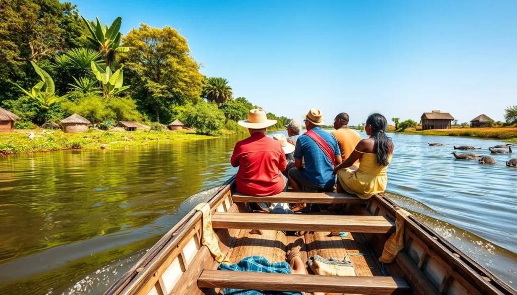 Boat trip on the Omo River with local guides and tourists observing riverside wildlife and villages