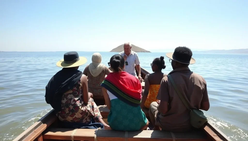 Boat trip to Tulu Gudo Island on Lake Ziway with tourists and local guide