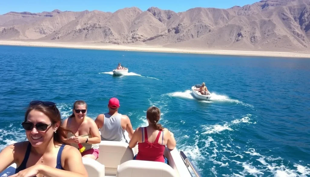 Boating on Brantley Lake with mountains in the background