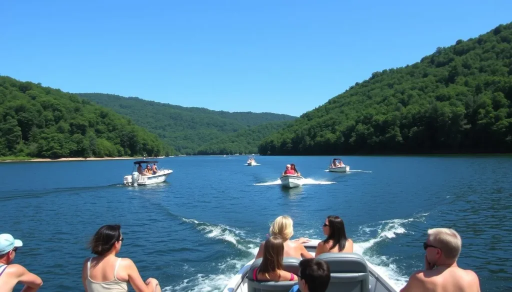 Boating on Lake Arthur at Moraine State Park with forested shoreline Boating on Lake Arthur at Moraine State Park with forested shoreline