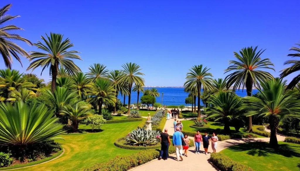 Botanical gardens on Kitchener Island with lush tropical plants, palm trees, and walking paths along the Nile