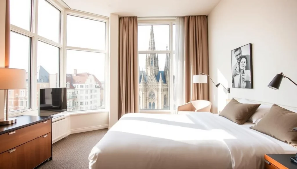 Boutique hotel room in Cologne with cathedral view