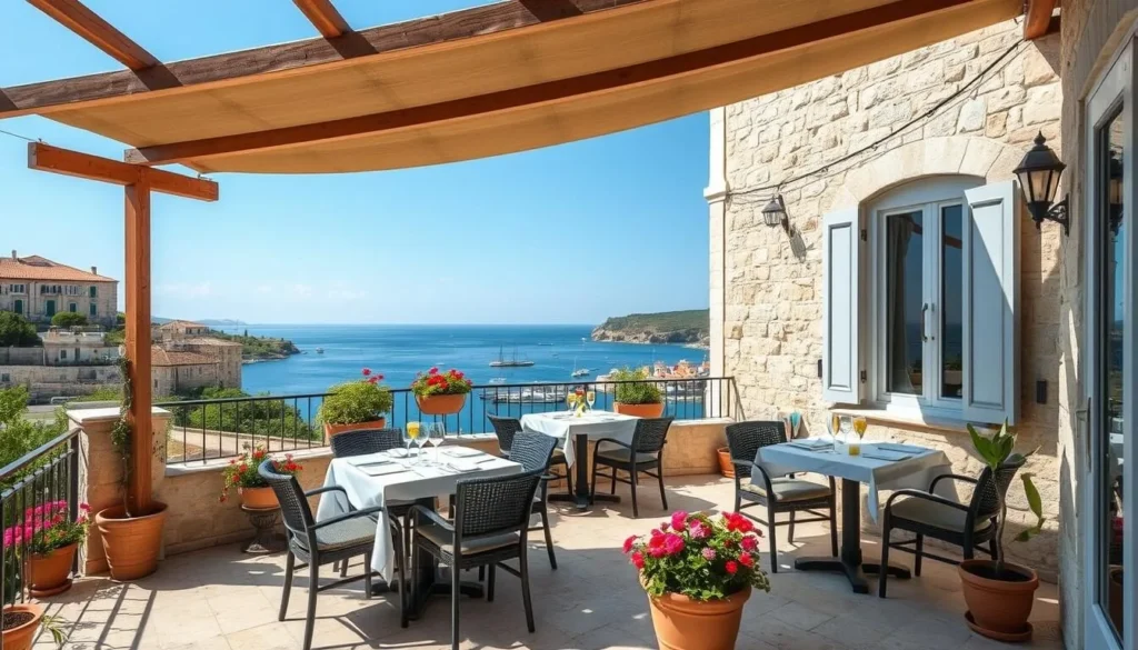Boutique hotel terrace in Korcula old town with sea views