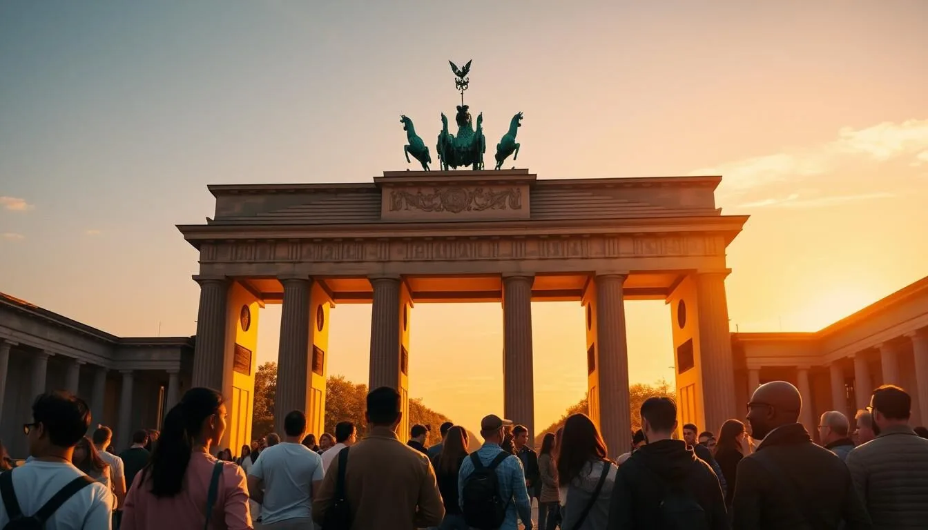 Brandenburg-Gate-in-Berlin-illuminated-at-sunset-with-people-walking-in-front Brandenburg Gate in Berlin illuminated at sunset with people walking in front