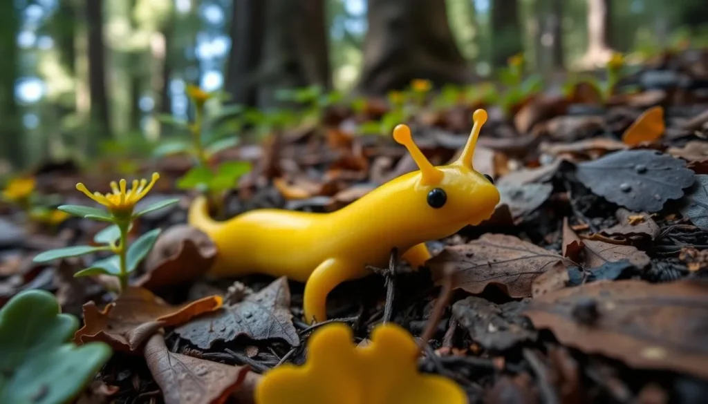 Bright yellow banana slug on forest floor in Butano State Park