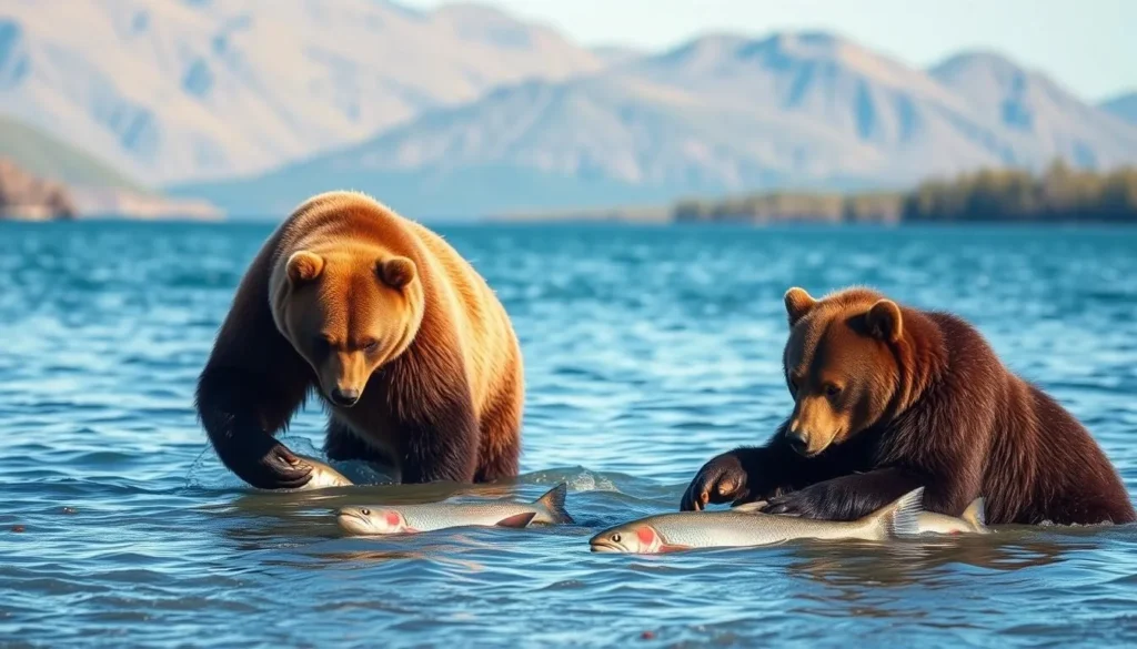 Brown bears fishing for salmon at Kurilskoye Lake in Kamchatka Brown bears fishing for salmon at Kurilskoye Lake in Kamchatka