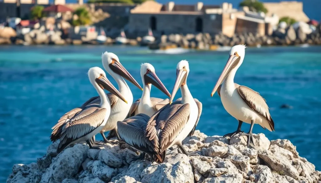 Brown pelicans nesting near Fort Amsterdam in Little Bay
