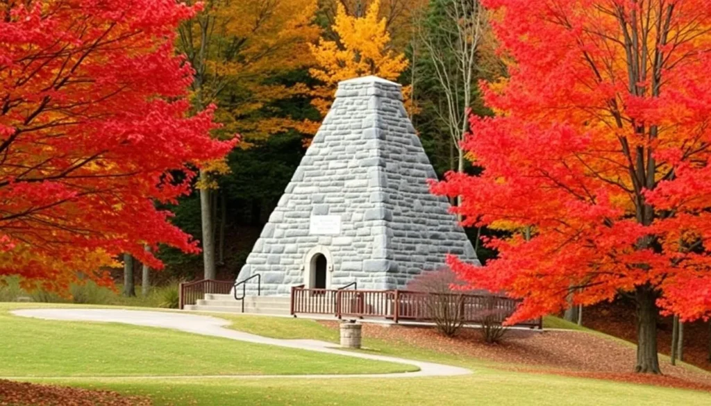 Buchanan's Birthplace State Park in autumn with colorful fall foliage surrounding the pyramid monument