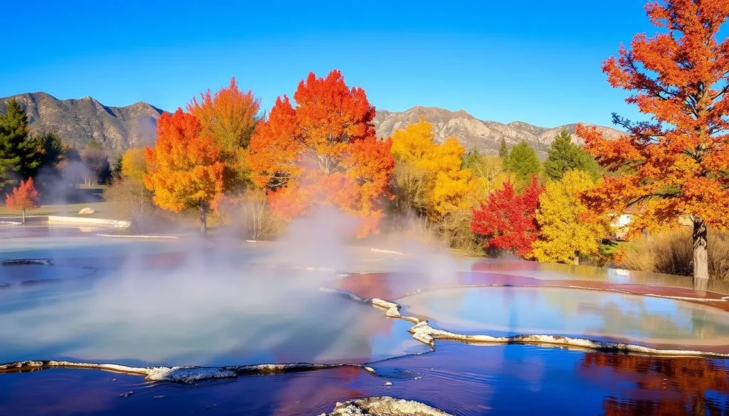 Buckeye Hot Springs California in autumn with colorful fall foliage surrounding the steaming pools Buckeye Hot Springs California in autumn with colorful fall foliage surrounding the steaming pools