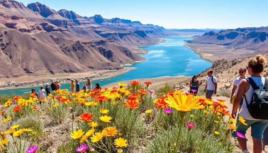 Buckskin Mountain State Park in spring with desert wildflowers blooming against the backdrop of mountains and the Colorado River