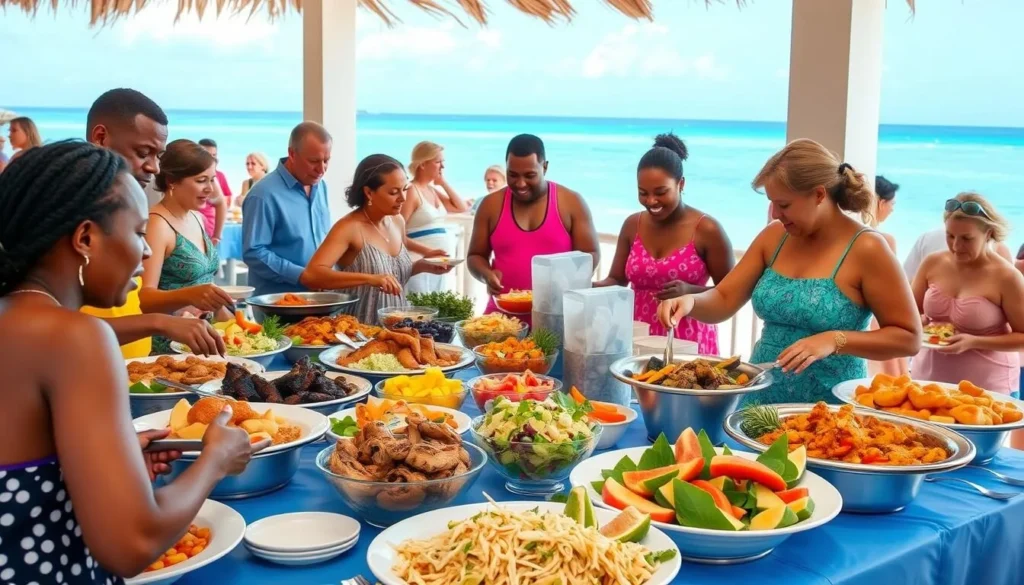 Buffet lunch setup at Labadee with Caribbean dishes including jerk chicken, fresh fruits, and tropical drinks