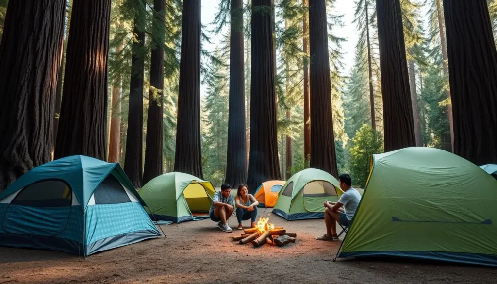 Burlington Campground with tents set up among redwood trees in Humboldt Redwoods State Park Burlington Campground with tents set up among redwood trees in Humboldt Redwoods State Park