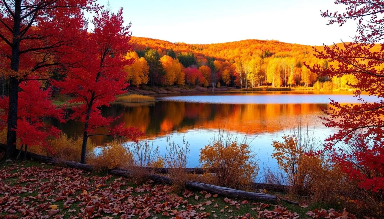 Burning-Star-State-Park-in-autumn-with-colorful-fall-foliage-reflecting-in-one-of-the-parks Burning Star State Park in autumn with colorful fall foliage reflecting in one of the park's lakes