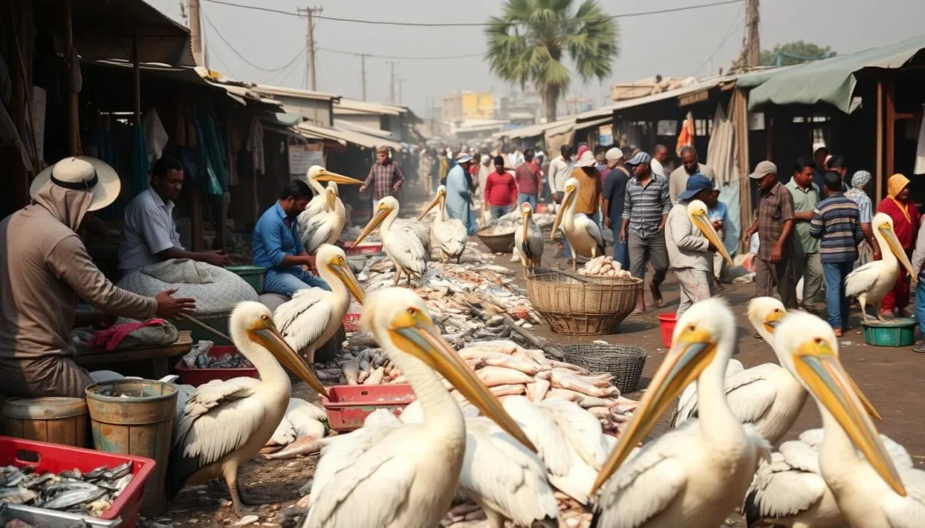 Busy morning scene at Hawassa Fish Market with fishermen, buyers, and large birds