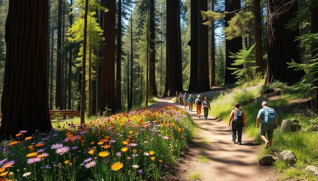 Butano State Park trail in spring with wildflowers blooming among redwood trees