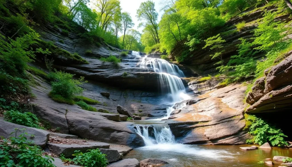 Buttermilk Falls waterfall in Lehigh Gorge State Park with flowing water cascading down rocky terrain Buttermilk Falls waterfall in Lehigh Gorge State Park with flowing water cascading down rocky terrain
