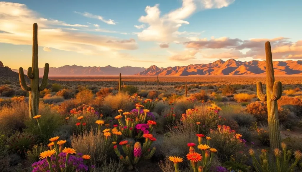 Cabeza Prieta National Wildlife Refuge during golden hour with desert wildflowers blooming and mountains in the background
