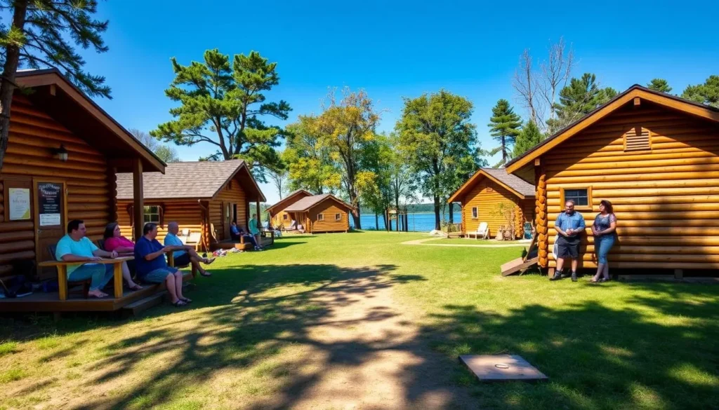 Cabins along Prairie Lake at Jim Edgar Panther Creek State Fish and Wildlife Area with campers enjoying the lakeside view Cabins along Prairie Lake at Jim Edgar Panther Creek State Fish and Wildlife Area with campers enjoying the lakeside view