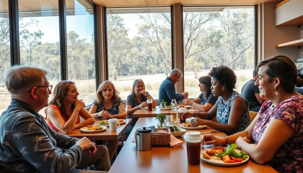 Café at Naracoorte Caves Visitor Centre with people enjoying meals and coffee