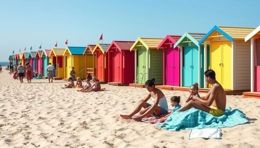 Calais beach in summer with colorful beach huts, families enjoying the sand, and the English Channel in the background