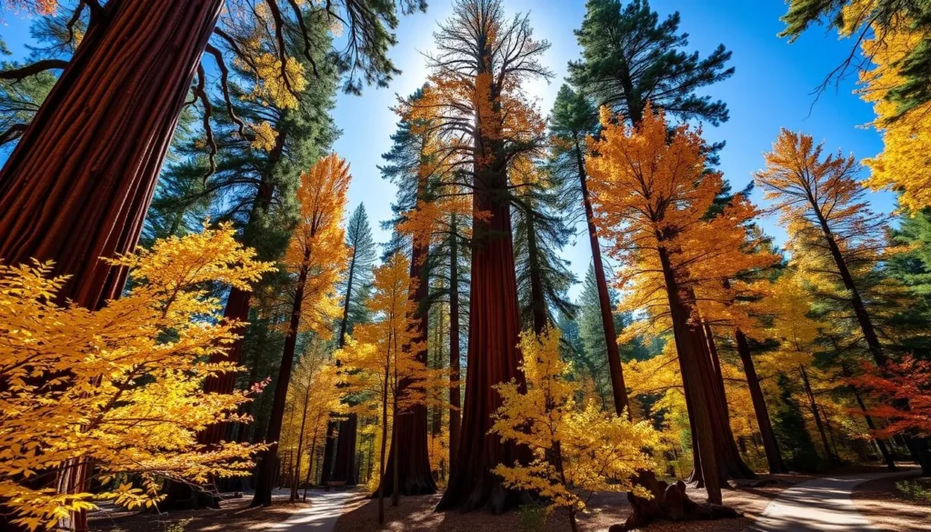 Calaveras Big Trees State Park in autumn with colorful fall foliage surrounding giant sequoia trees Calaveras Big Trees State Park in autumn with colorful fall foliage surrounding giant sequoia trees